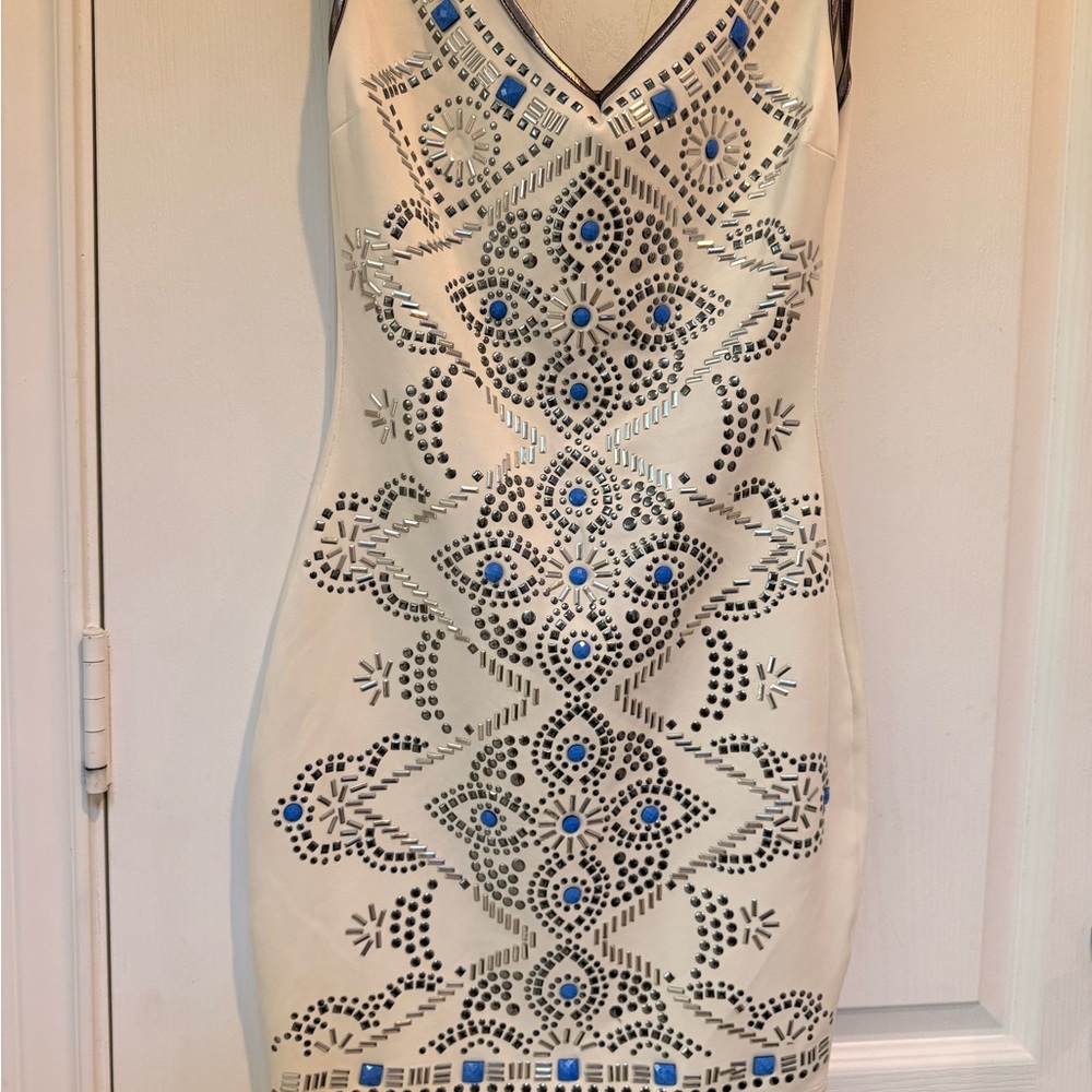 Elegant Cream and Blue Patterned Dress